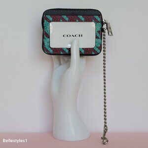 COACH Mini ID Card Case In Houndstooth Print with Dog-leash Clip-Teal /Wine🎈